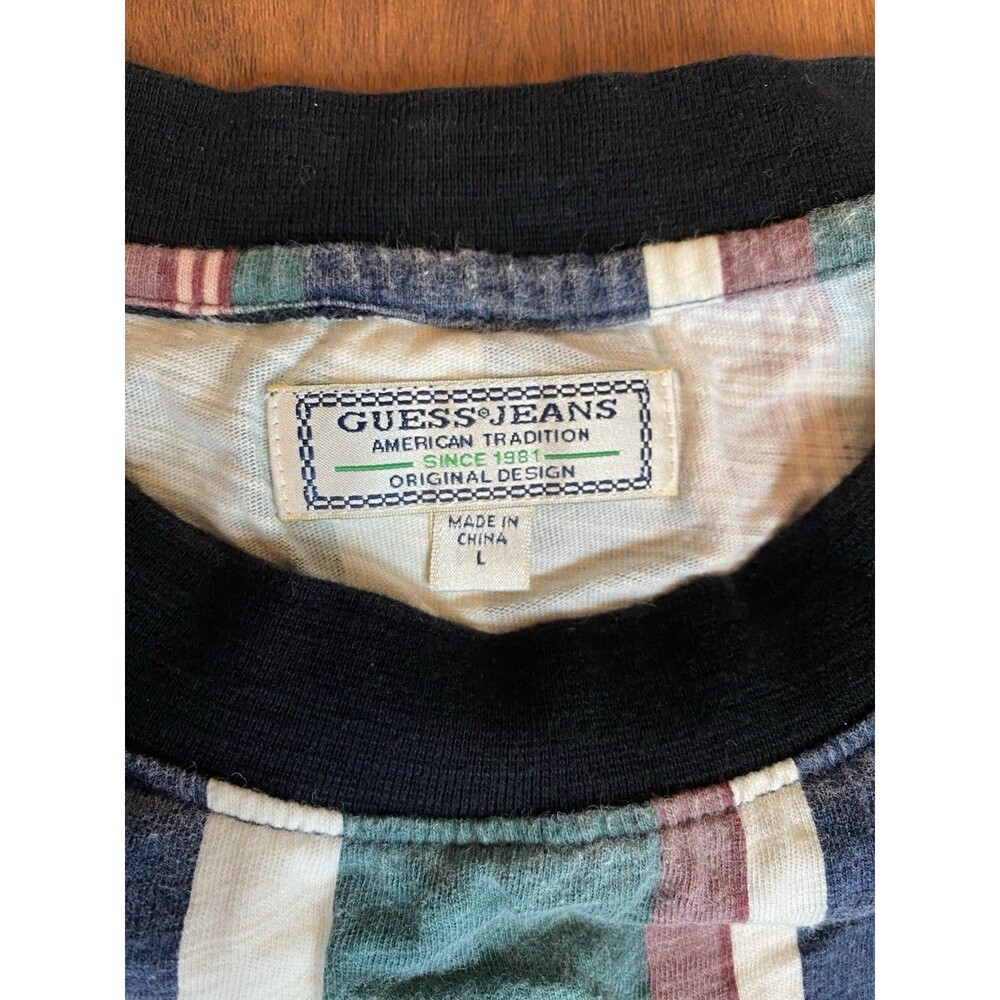 Vintage GUESS Jeans Men’s Striped Logo Crew Neck Short Sleeve T-Shirt Size L - Picture 4 of 4